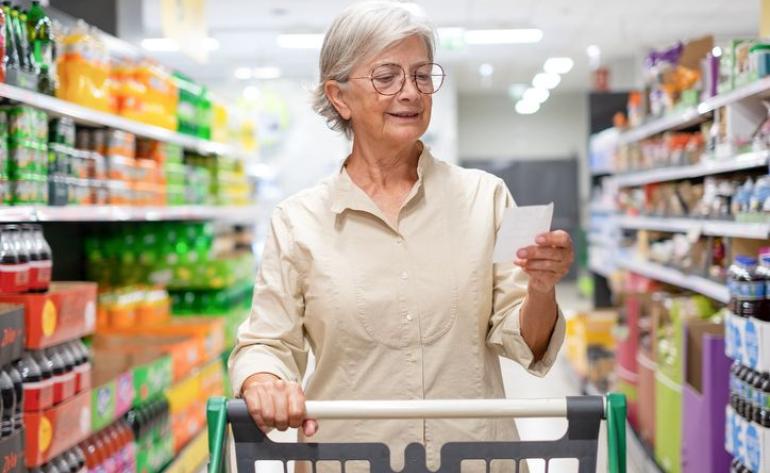 Frau im Supermarkt mit Kassazettel
